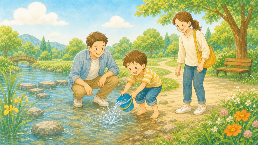 川辺で親子が水あそびをしている水彩イラスト