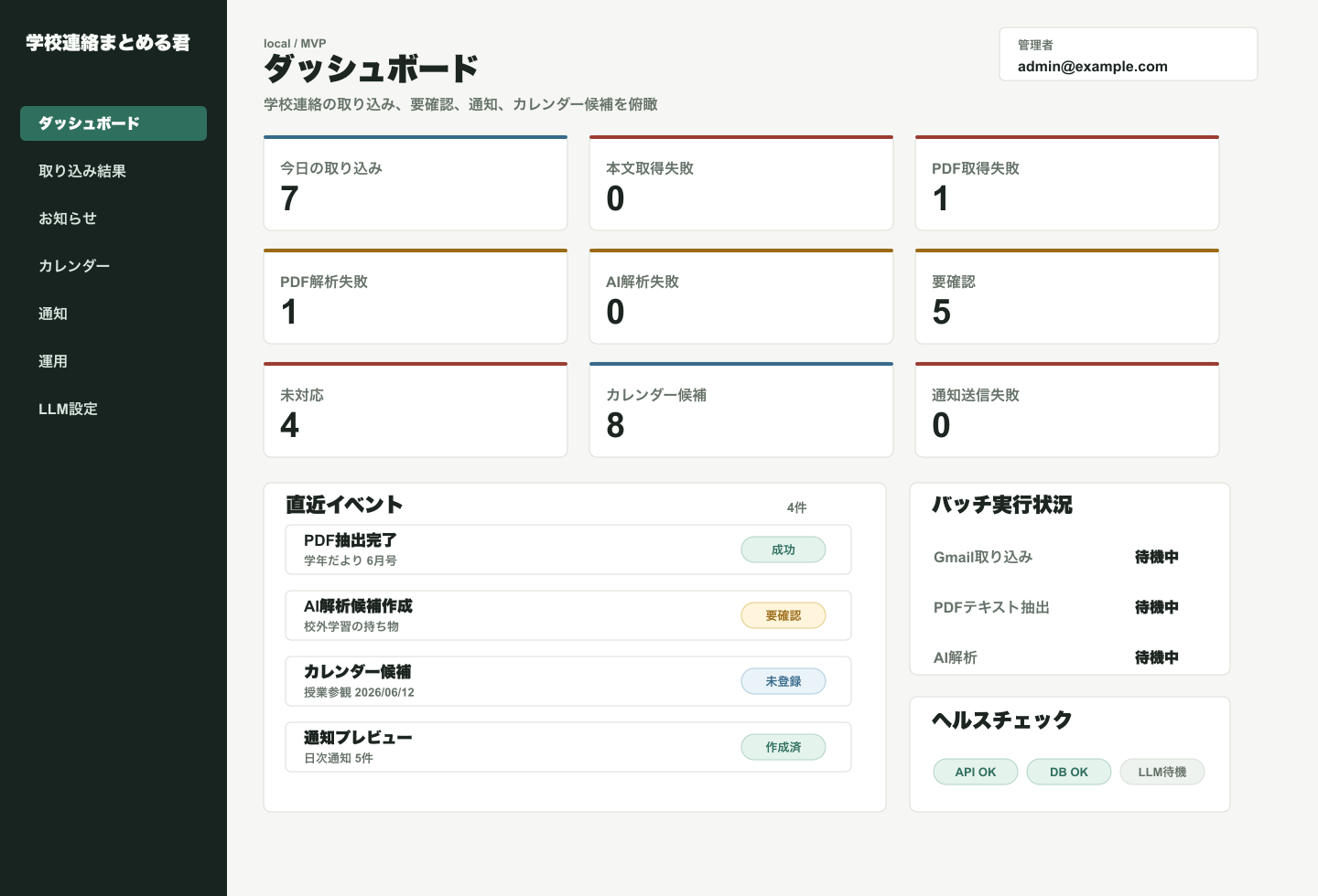 学校連絡まとめる君のダッシュボード画面