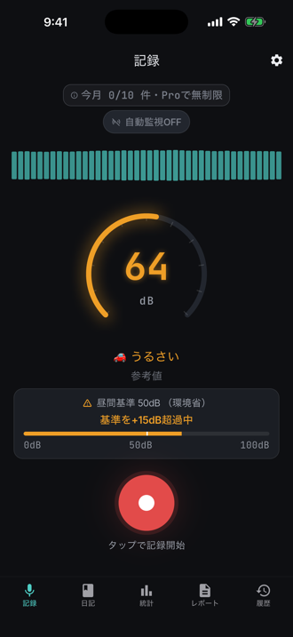 SoundLog 記録画面 — リアルタイムdBメーターと録音ボタン